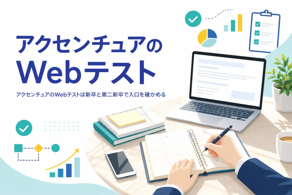アクセンチュアのWebテストについて、新卒と第二新卒の選考の入口と、受検案内で形式を確かめる手順を紹介する記事のアイキャッチ