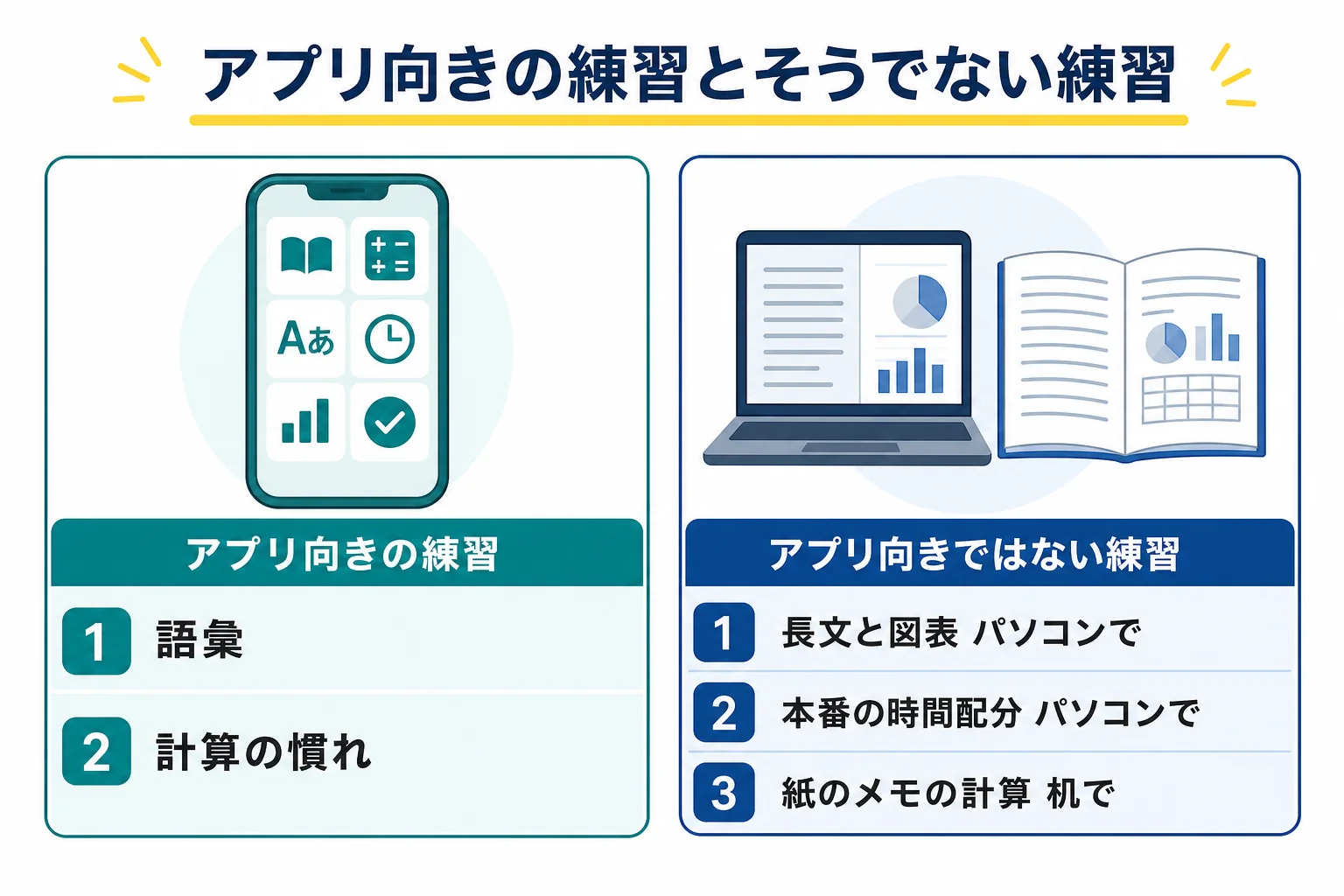 語彙・計算の慣れ・解き方の確認はアプリ向き、長文・図表・本番と同じ時間配分・紙のメモを使う計算はパソコンと問題集向きと分けた図解