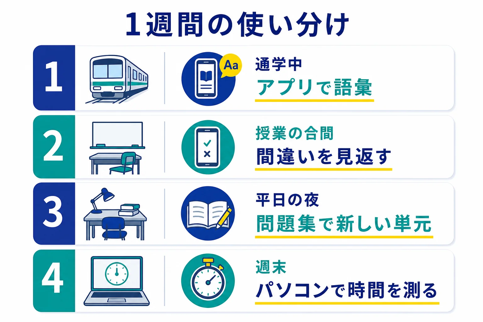 通学中と授業の合間はアプリで語彙や計算、平日の夜は問題集で新しい単元、週末はパソコンで時間を測って解く、1週間の使い分けの図解