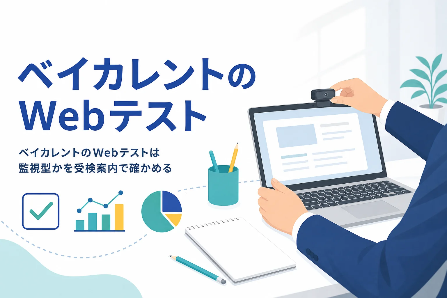 ベイカレントのWebテストについて、監視型かどうかの見分け方と、監視つきで受ける時の準備を紹介する記事のアイキャッチ
