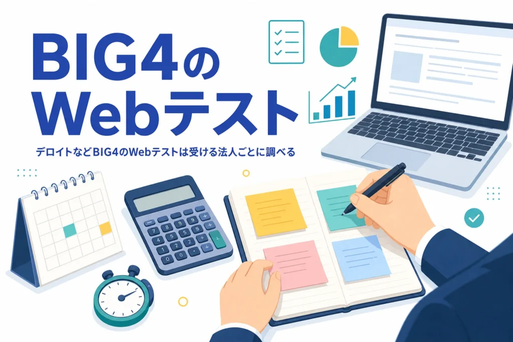 デロイト トーマツ・PwC・KPMG・EYのBIG4のWebテストについて、法人ごとの選考の調べ方と形式の確かめ方を紹介する記事のアイキャッチ