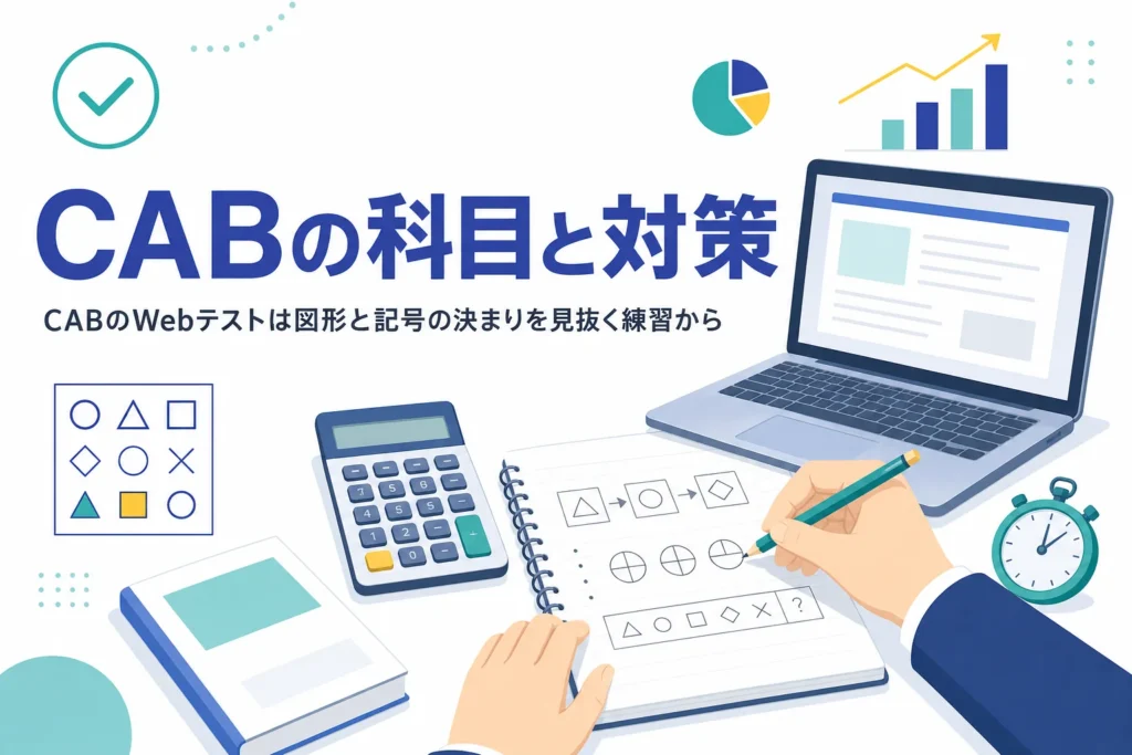 CABのWebテストの科目と、IT職を受ける人の練習計画を紹介する記事のアイキャッチ