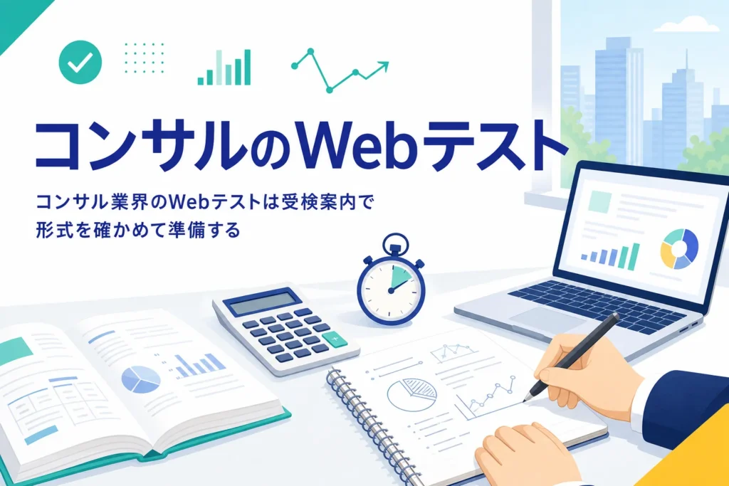 コンサル業界のWebテストについて、形式の確かめ方と準備の順番、ケース面接との配分を紹介する記事のアイキャッチ