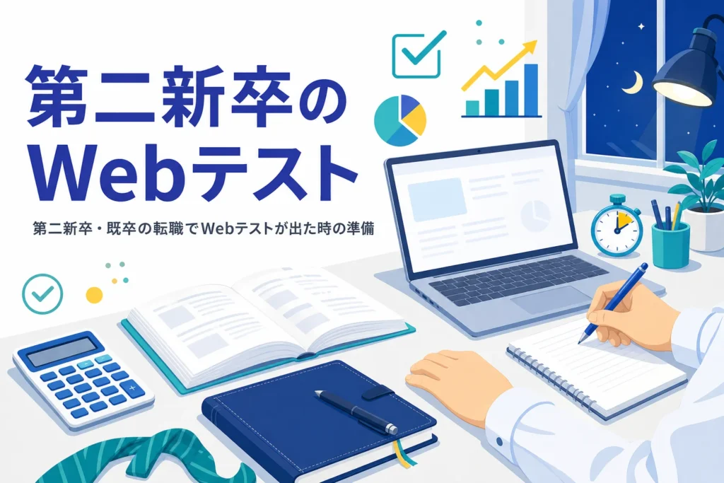 第二新卒・既卒の転職でWebテストが出る場面と、働きながら準備する計画の立て方を紹介する記事のアイキャッチ