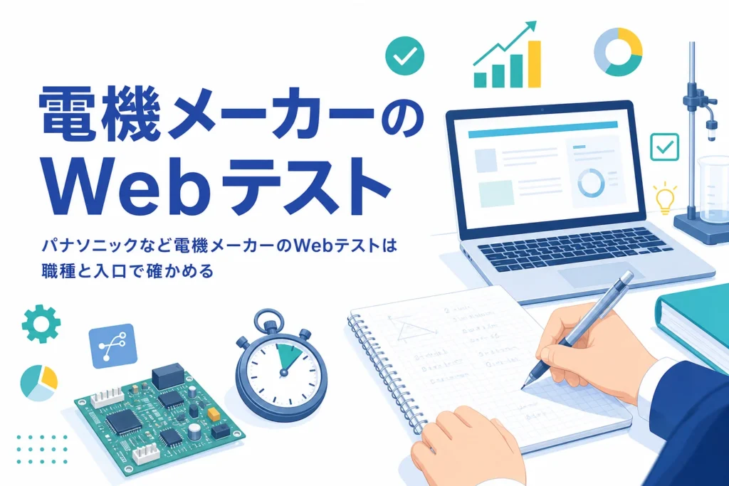 電機メーカーのWebテストについて、技術系と事務系の入口ごとの確かめ方と、研究と並行する準備を紹介する記事のアイキャッチ