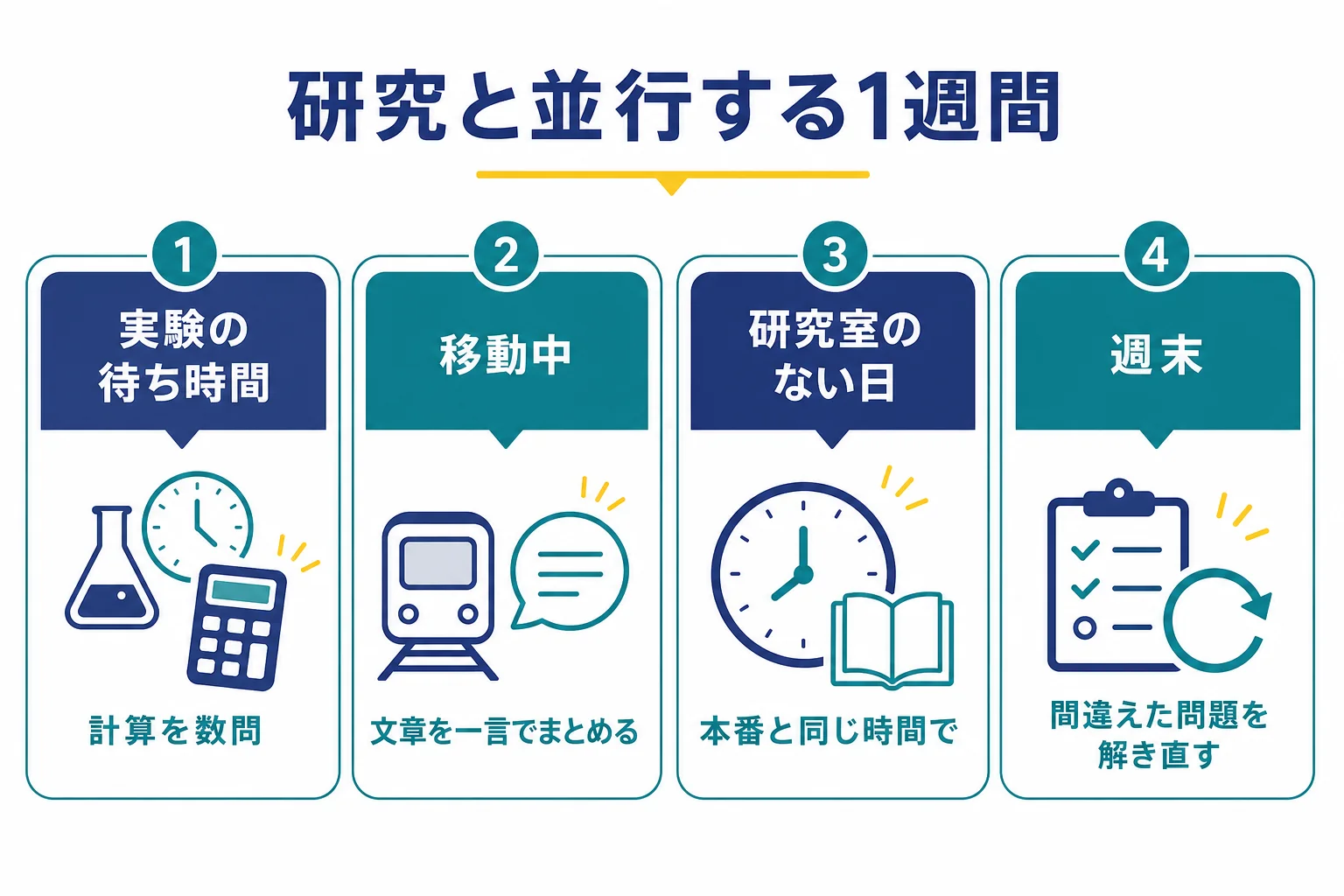 研究や授業と並行しながら、実験の待ち時間や移動中を使ってWebテストの練習を進める1週間の例の図解