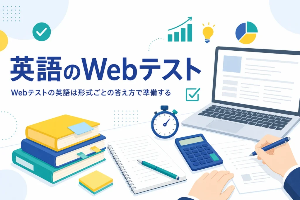 英語のWebテストが出る形式と、英語が苦手な人の準備の順番を紹介する記事のアイキャッチ