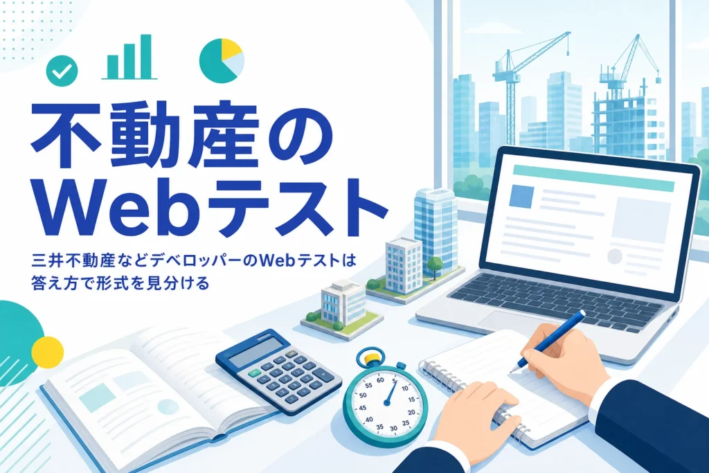 三井不動産・三菱地所など不動産デベロッパーと住宅メーカーのWebテストについて、形式の見分け方と併願時の確かめ方を紹介する記事のアイキャッチ