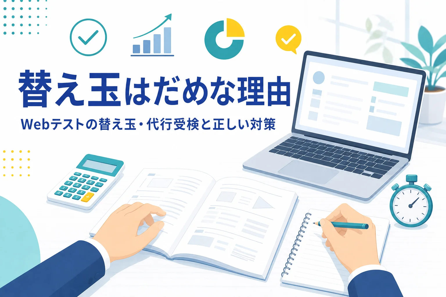 Webテストの替え玉・代行受検がだめな理由と、自分の力で点を上げる進め方を紹介する記事のアイキャッチ