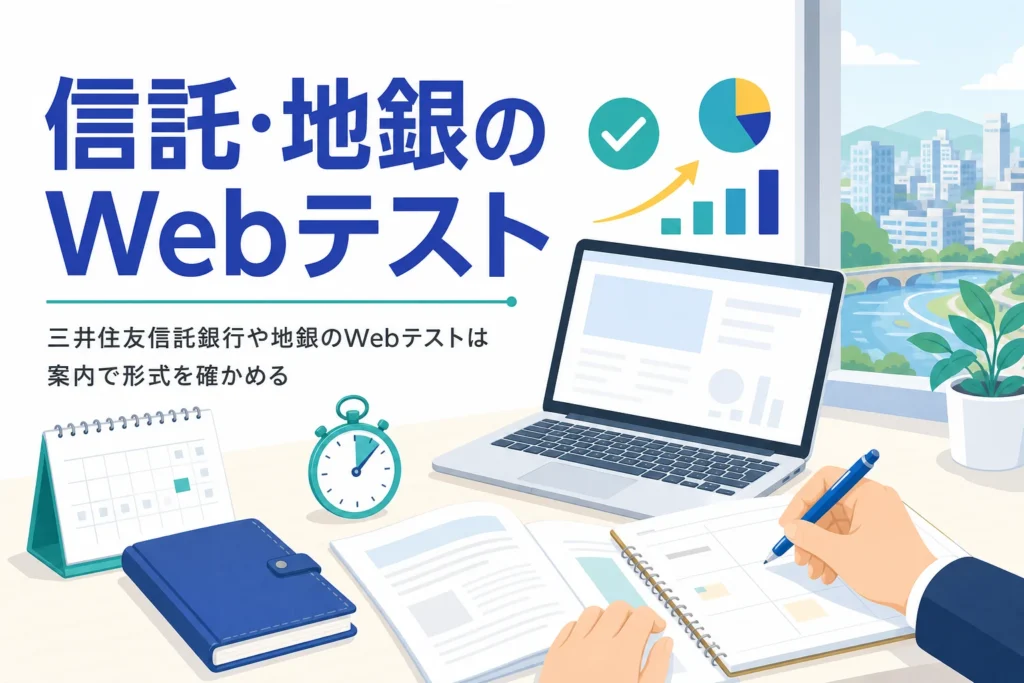 三井住友信託銀行・りそな銀行・横浜銀行・農林中央金庫などのWebテストについて、形式の確かめ方と予約の決まりを紹介する記事のアイキャッチ