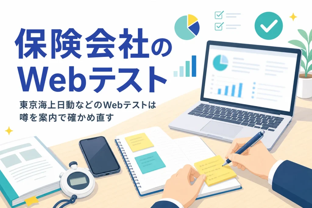 東京海上日動・日本生命・第一生命・損保ジャパンのWebテストについて、噂の確かめ方と受けたあとの考え方を紹介する記事のアイキャッチ