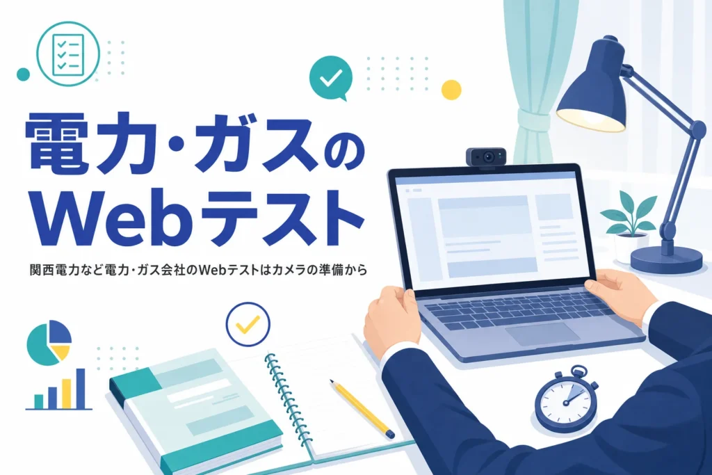 電力・ガス会社のWebテストについて、カメラ付きパソコンを指定された時の準備と受ける部屋の整え方を紹介する記事のアイキャッチ