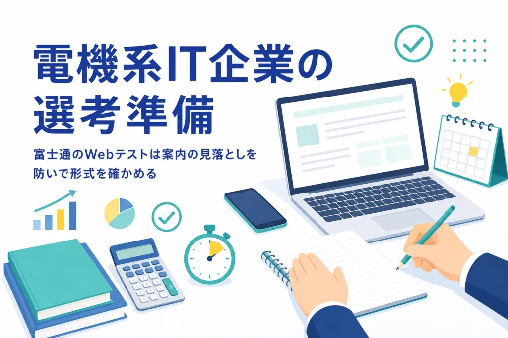 富士通・日立・NECのWebテストについて、案内の見落としを防ぐ方法と形式の確かめ方を紹介する記事のアイキャッチ