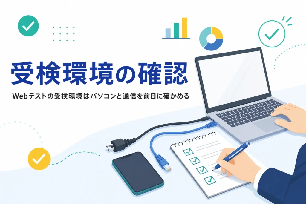 Webテストの受検環境として、パソコン・スマホ・通信で確かめることを紹介する記事のアイキャッチ