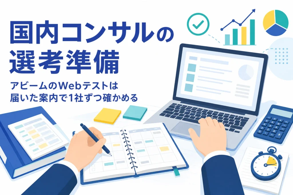 国内コンサルの選考で受けるWebテストの確かめ方と、受け方別の準備を紹介する記事のアイキャッチ