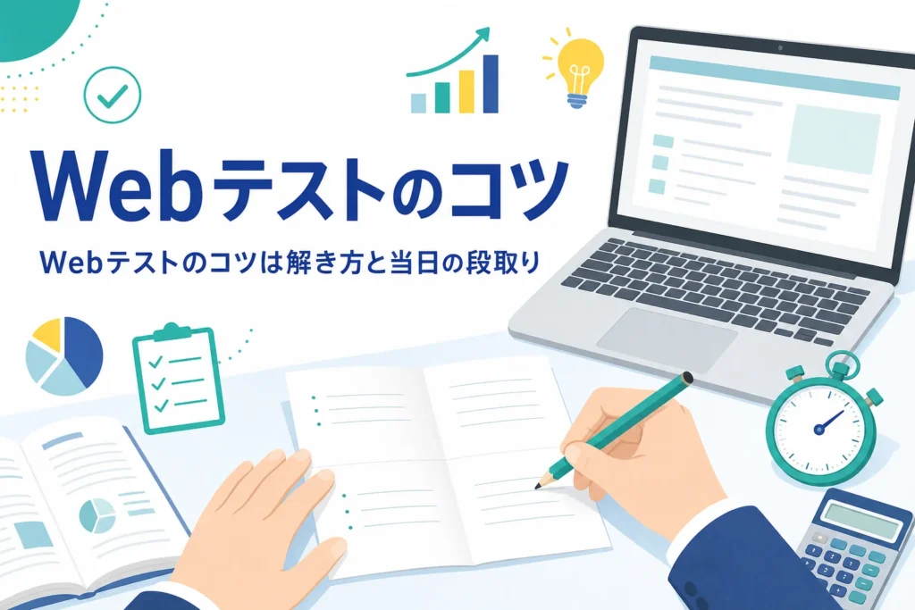 Webテストのコツを、解き方と受検当日の段取りに分けて紹介する記事のアイキャッチ