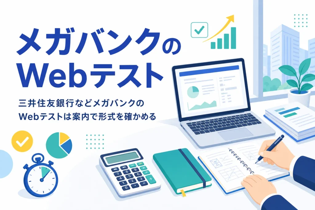 三井住友銀行・三菱UFJ銀行・みずほ銀行のWebテストについて、形式の確かめ方と準備を紹介する記事のアイキャッチ