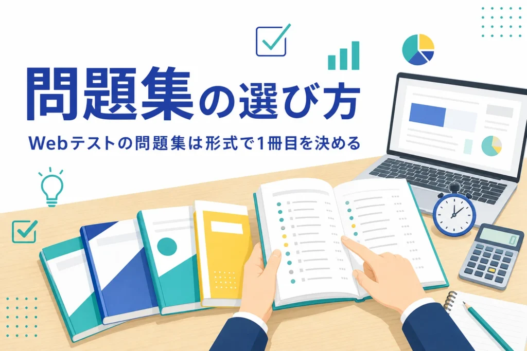 Webテストの問題集の選び方を、形式・年度・解説・模擬テストのチェック表で紹介する記事のアイキャッチ