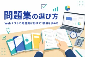 Webテストの問題集の選び方を、形式・年度・解説・模擬テストのチェック表で紹介する記事のアイキャッチ