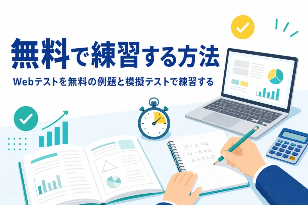 Webテストを提供会社の公式の例題と就職サイトの模擬テストで無料で練習する方法を紹介する記事のアイキャッチ
