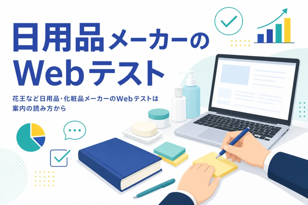 日用品・化粧品メーカーのWebテストについて、英語の案内の読み方と英語の科目への準備を紹介する記事のアイキャッチ