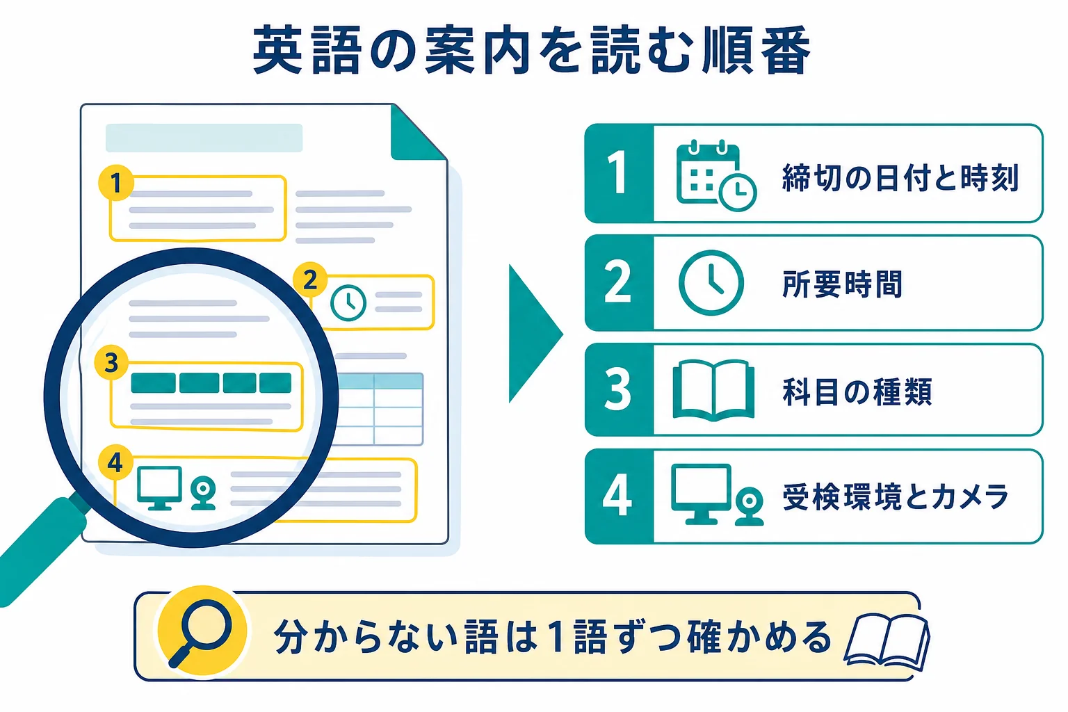 英語で届いたWebテストの受検案内を、締切・所要時間・科目・受検環境の4つの順に読んでいく手順の図解