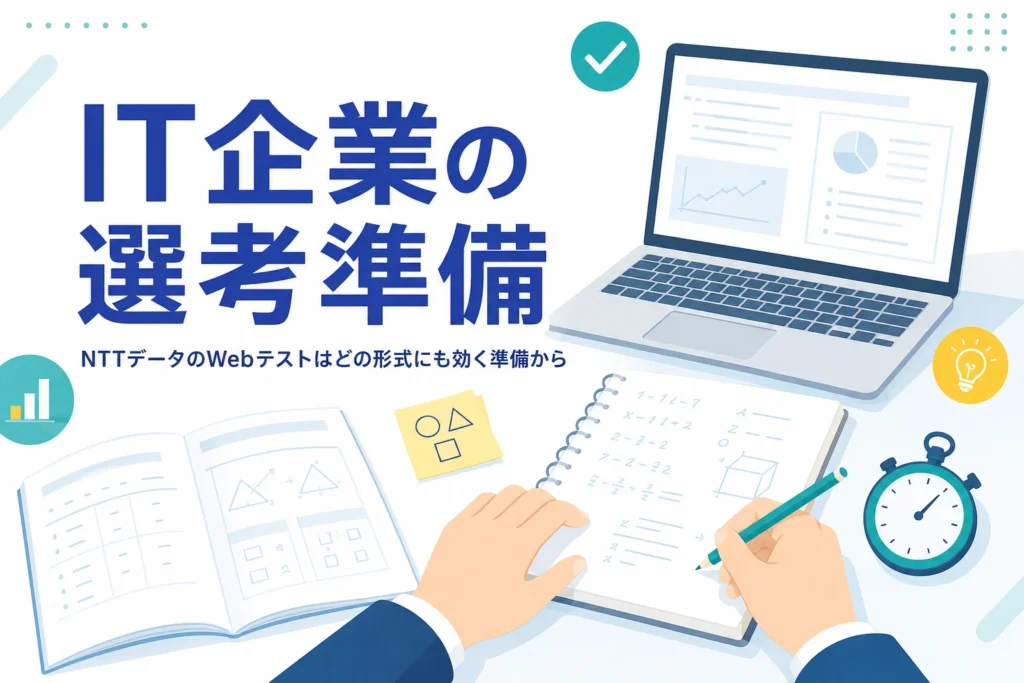 NTTデータのWebテストの形式の確かめ方と、SPI・玉手箱・CABに共通する準備を紹介する記事のアイキャッチ