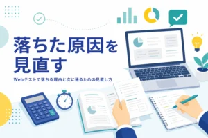 Webテストで落ちた原因の見当のつけ方と、次に通るための見直しポイントを紹介する記事のアイキャッチ