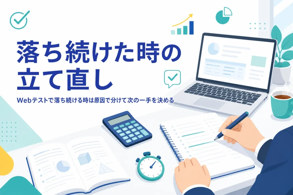 Webテストで落ち続ける時に、原因で分けて次の一手を決める立て直し方を紹介する記事のアイキャッチ