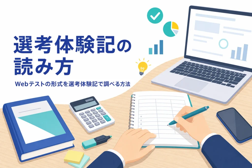 選考体験記でWebテストの形式を調べる読み方と、受検案内で確かめる手順を紹介する記事のアイキャッチ