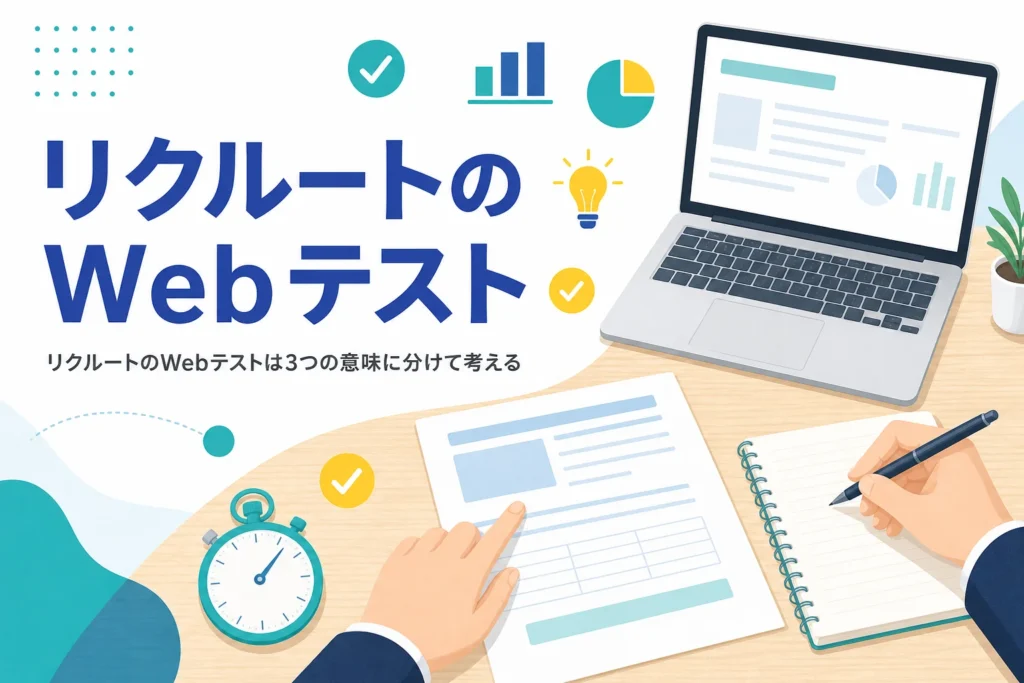 リクルートのWebテストを、SPIの提供会社・リクナビの練習テスト・リクルートの選考の3つの意味に分けて紹介する記事のアイキャッチ
