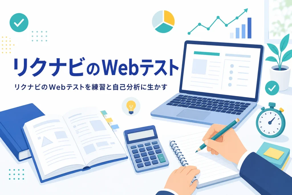 リクナビのWebテストで使えるものと、SPI本番との違い、練習と自己分析への生かし方を紹介する記事のアイキャッチ