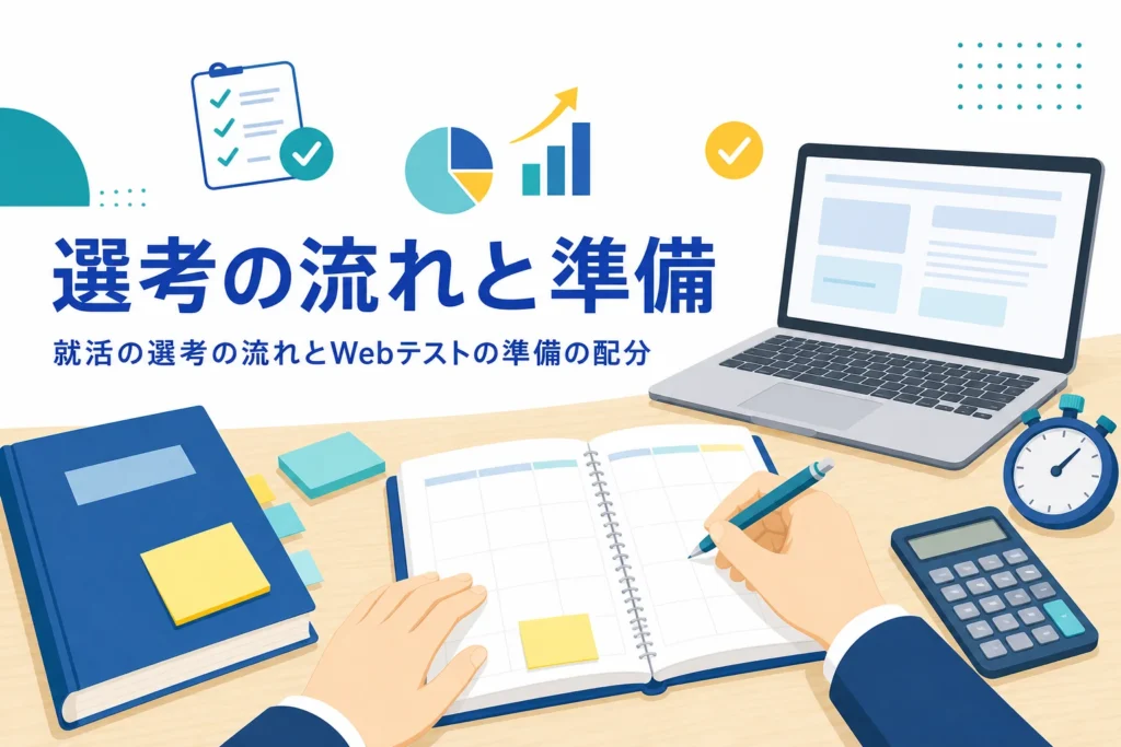 就活の選考の流れの中でWebテストがどこに入るかと、ES・Webテスト・面接の準備の配分を紹介する記事のアイキャッチ