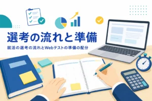 就活の選考の流れの中でWebテストがどこに入るかと、ES・Webテスト・面接の準備の配分を紹介する記事のアイキャッチ