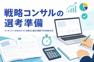 戦略コンサルの選考で受けるWebテストの形式の確かめ方と、英語の案内への準備を紹介する記事のアイキャッチ