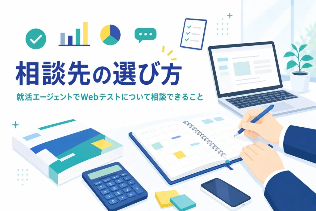 就活エージェントでWebテストについて相談できることと、ほかの相談先との使い分けを紹介する記事のアイキャッチ