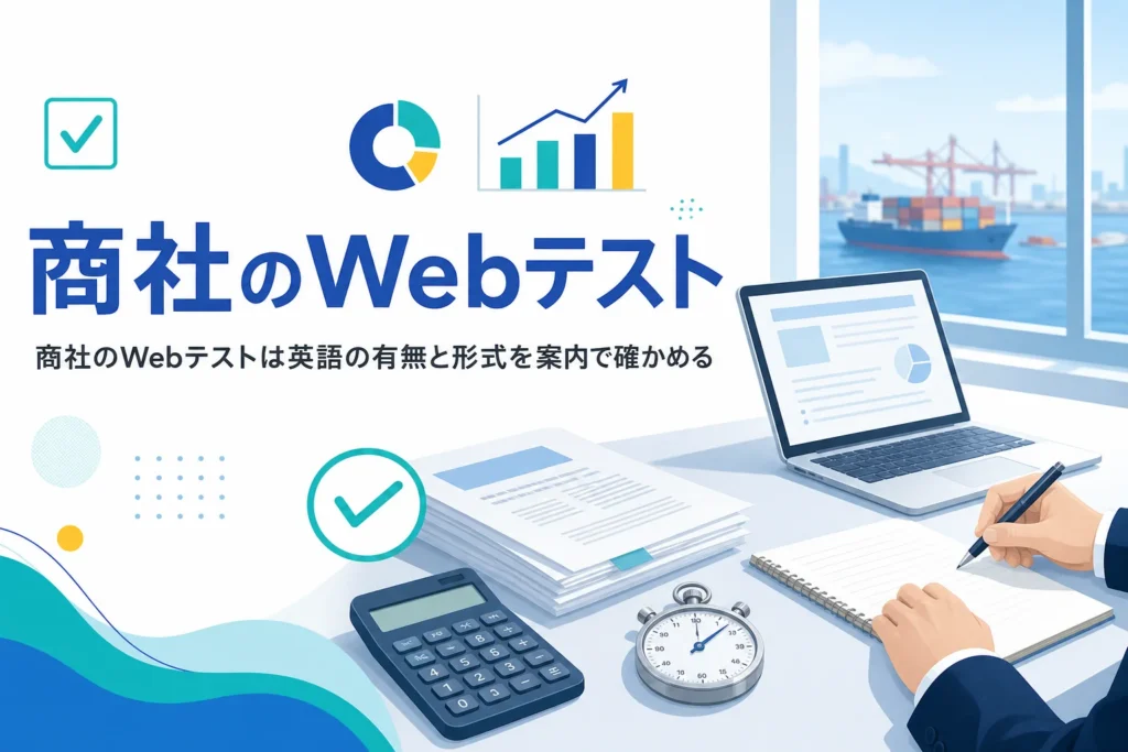 総合商社のWebテストについて、英語の検査の確かめ方と受け方ごとの準備を紹介する記事のアイキャッチ