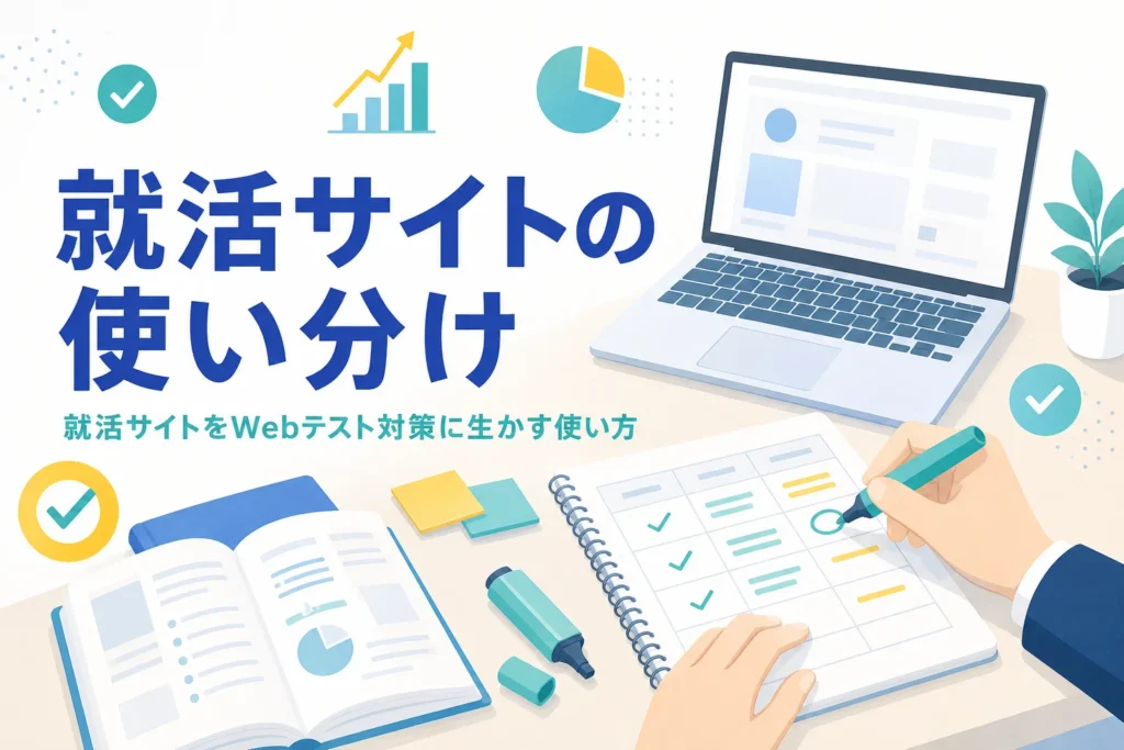 就活サイト・選考体験記・就活エージェントを目的別に使い分けて、Webテスト対策に生かす方法を紹介する記事のアイキャッチ