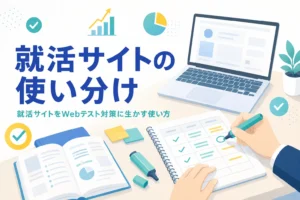就活サイト・選考体験記・就活エージェントを目的別に使い分けて、Webテスト対策に生かす方法を紹介する記事のアイキャッチ