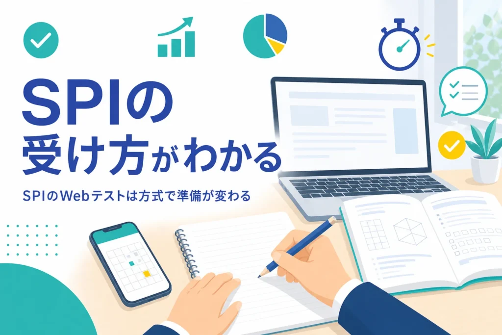 SPIのWebテストの科目と4つの受検方式、準備の順番を紹介する記事のアイキャッチ