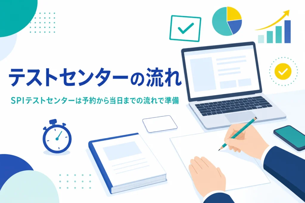 SPIのテストセンターの予約から当日の受検、結果の送信までの流れを紹介する記事のアイキャッチ
