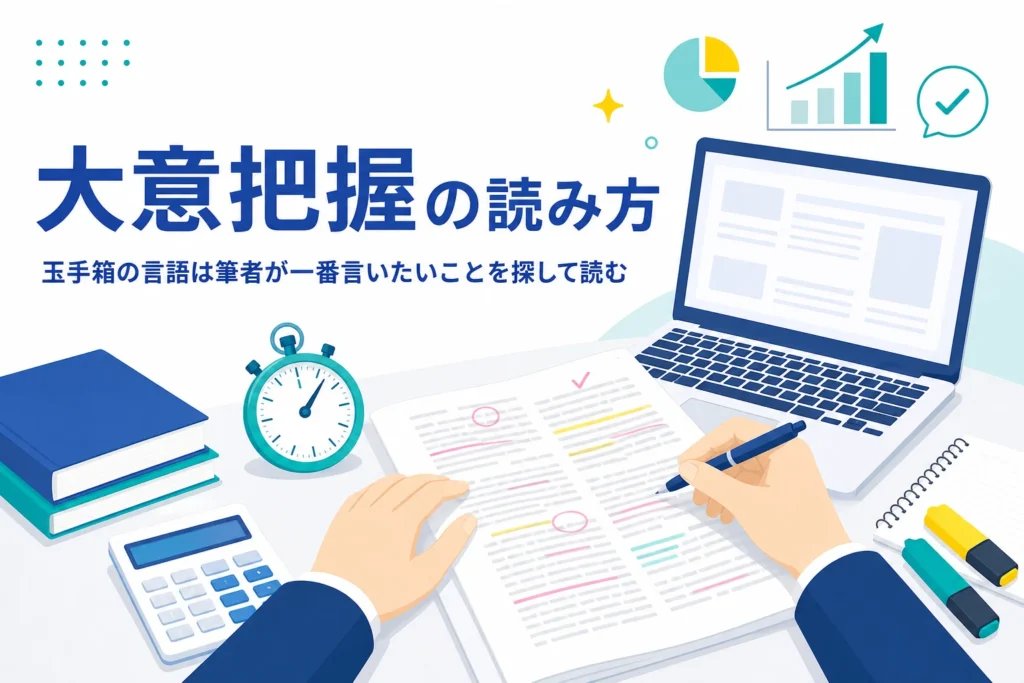 玉手箱の言語（大意把握）の読み方の手順と、長文を速く読む練習を紹介する記事のアイキャッチ