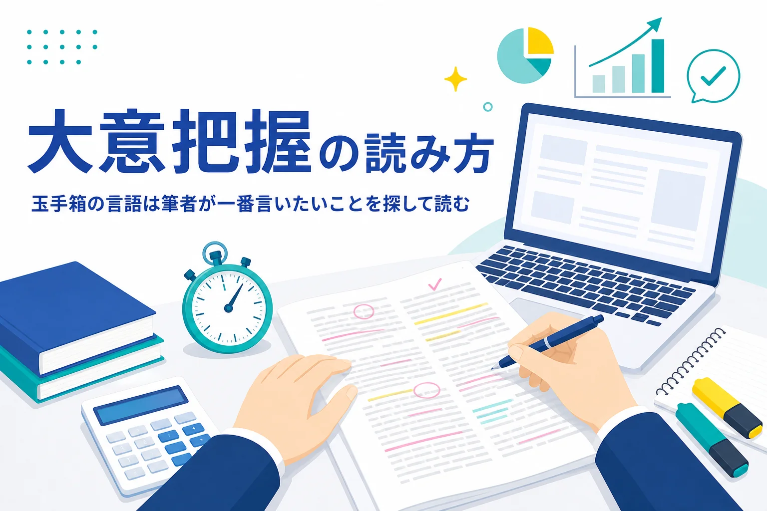 玉手箱の言語(大意把握)の読み方の手順と、長文を速く読む練習を紹介する記事のアイキャッチ