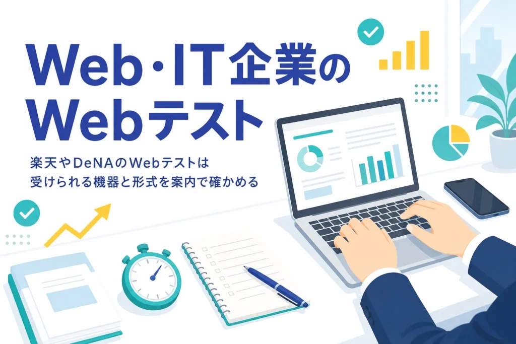 楽天・DeNAなどWeb・IT企業のWebテストについて、スマホで受けられるかと形式の確かめ方を紹介する記事のアイキャッチ